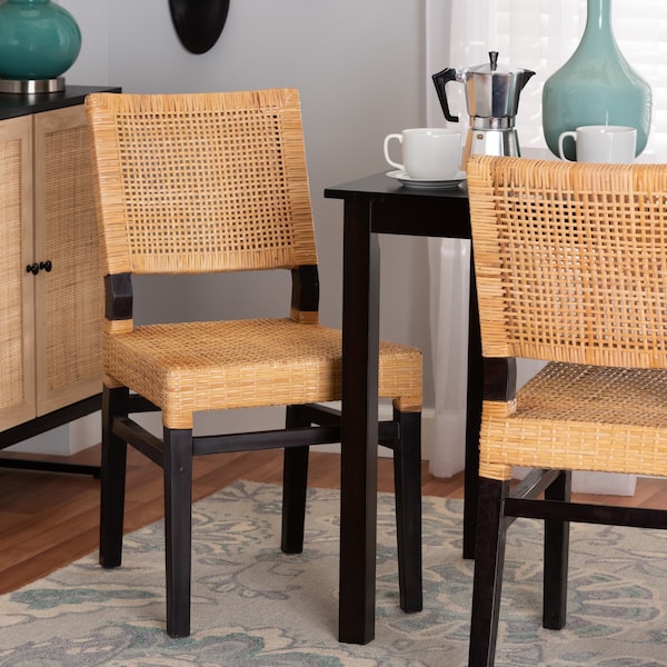 Baxton Studio Lesia Modern Bohemian Natural Brown Rattan and Espresso Brown Mahogany Wood Dining Chair - 224-13130-ZORO