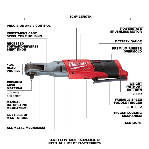 Milwaukee Tool Ratchet, Cordless, 12V DC, 55 ft-lb Torque, Includes Battery (4.0 Ah) - 2557-20, 48-11-2440
