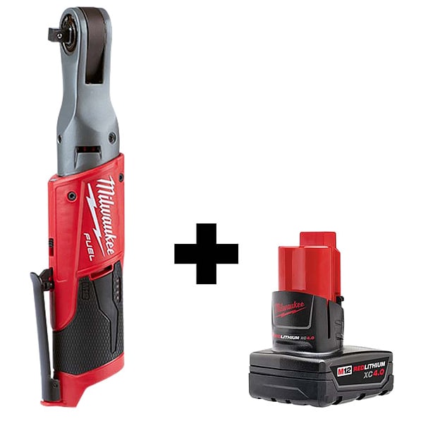 Milwaukee Tool Ratchet, Cordless, 12V DC, 55 ft-lb Torque, Includes Battery (4.0 Ah) - 2557-20, 48-11-2440