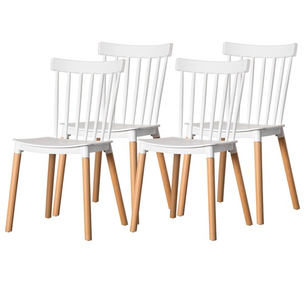 Fabulaxe Modern Plastic Dining Chair Windsor Design with Beech Wood Legs, White, PK 4 - QI004223.WT.4