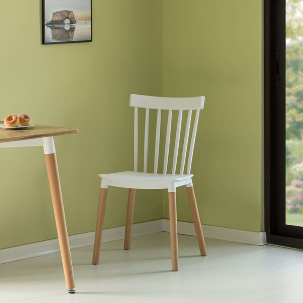 Fabulaxe Modern Plastic Dining Chair Windsor Design with Beech Wood Legs, White, PK 4 - QI004223.WT.4