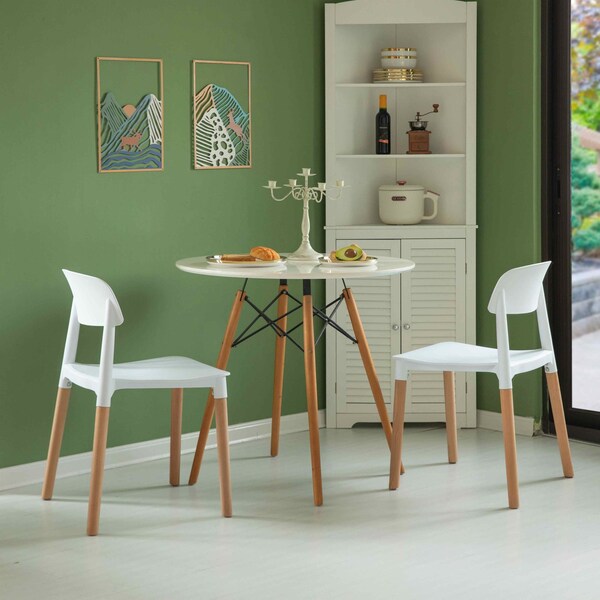 Fabulaxe Modern Plastic Dining Chair Open Back with Beech Wood Legs, White Set of 4 - QI004222.WT.4