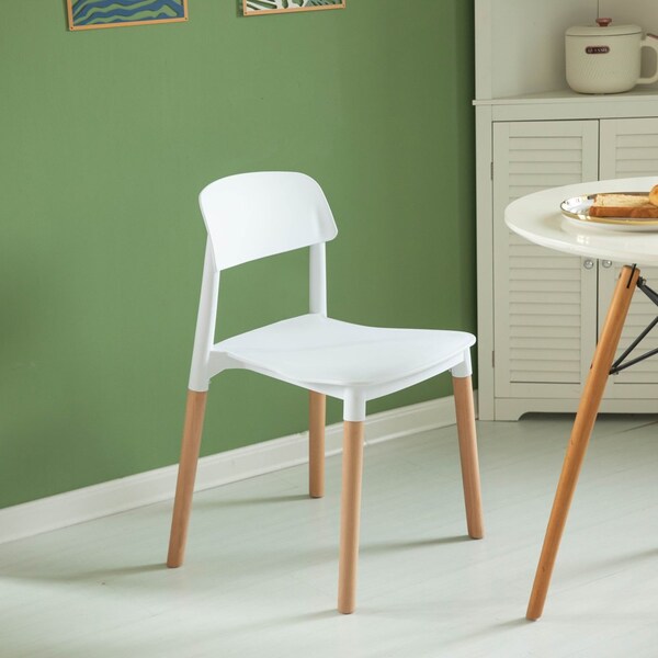 Fabulaxe Modern Plastic Dining Chair Open Back with Beech Wood Legs, White Set of 4 - QI004222.WT.4