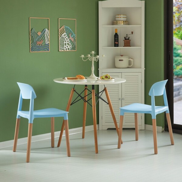 Fabulaxe Modern Plastic Dining Chair Open Back with Beech Wood Legs, Blue Set of 4 - QI004222.BL.4