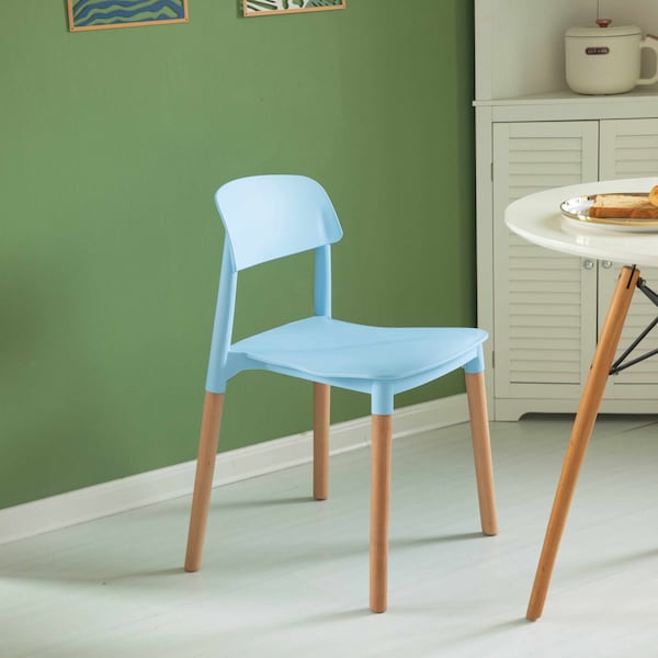 Fabulaxe Modern Plastic Dining Chair Open Back with Beech Wood Legs, Blue - QI004222.BL