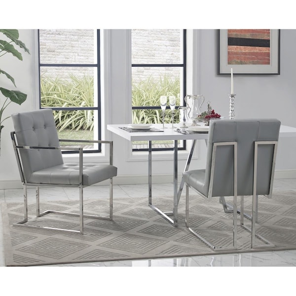 Posh Living Evan PU Leather Button Tufted Square Arm Chrome Frame Dining Chair, Light Grey, 2PK - AD56-01LG2-UE