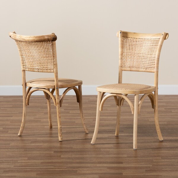 Baxton Studio Fields Mid-Century Brown Woven Rattan and Wood 2-Piece Cane Dining Chair Set PR - 195-2PC-12393-ZORO