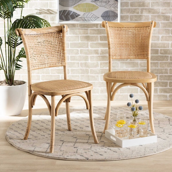 Baxton Studio Fields Mid-Century Brown Woven Rattan and Wood 2-Piece Cane Dining Chair Set PR - 195-2PC-12393-ZORO