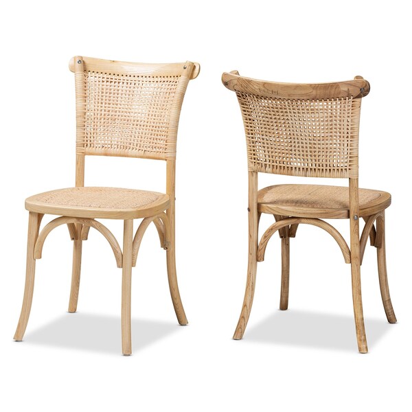 Baxton Studio Fields Mid-Century Brown Woven Rattan and Wood 2-Piece Cane Dining Chair Set PR - 195-2PC-12393-ZORO