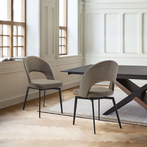 Armen Living Lucia Swivel Upholstered Dining Chair in Brown Fabric with Black Metal Legs - Set of 2 - LCLUSICOBLK