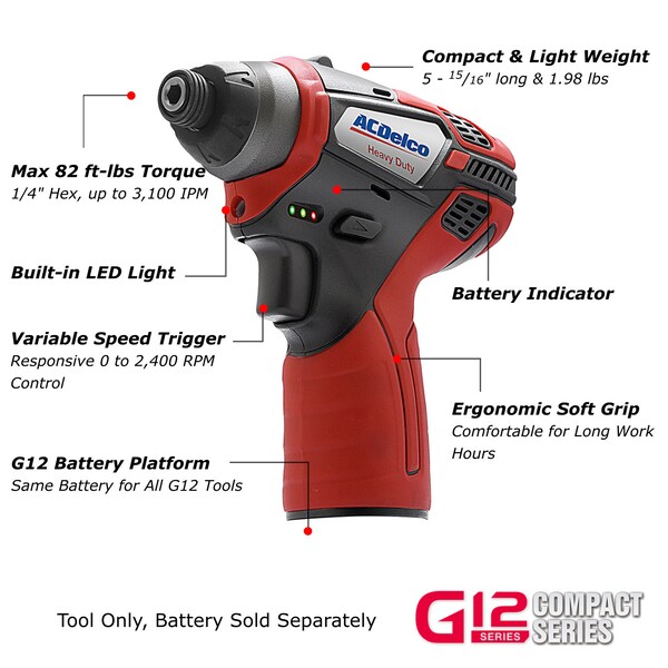 Acdelco G12 12V 1/4'' Cordless Impact Driver, (Tool Only), ARI12105T - ARI12105T