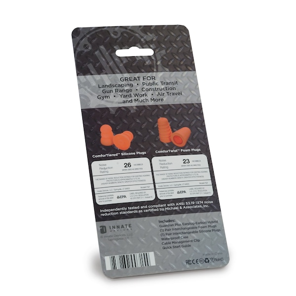 Plugfones Plugfones Guardian Plus 29 dB Nylon/Silicone/Soft Foam 3.5 MM Jack Earplugs/Earphones w/Mic Blue/Ora - PGP-UO