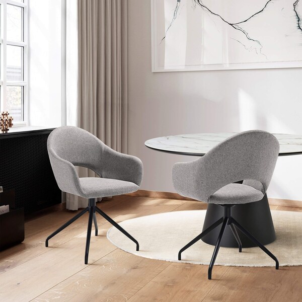 Armen Living Pria Swivel Upholstered Dining Chair in Gray Fabric with Black Metal Legs - Set of 2 - LCPRSIGRYBLK