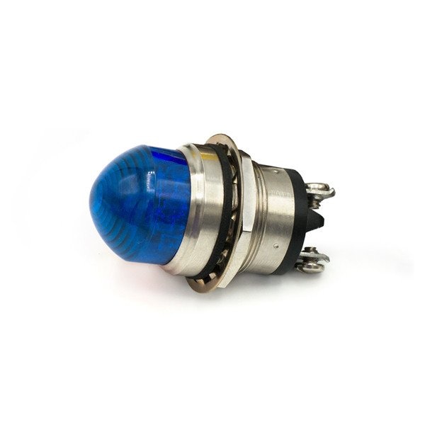 Indicadores de montaje en panel de luz LED de Dialight, domo azul 230VCA 7mA 180FL - 556-3809-304F