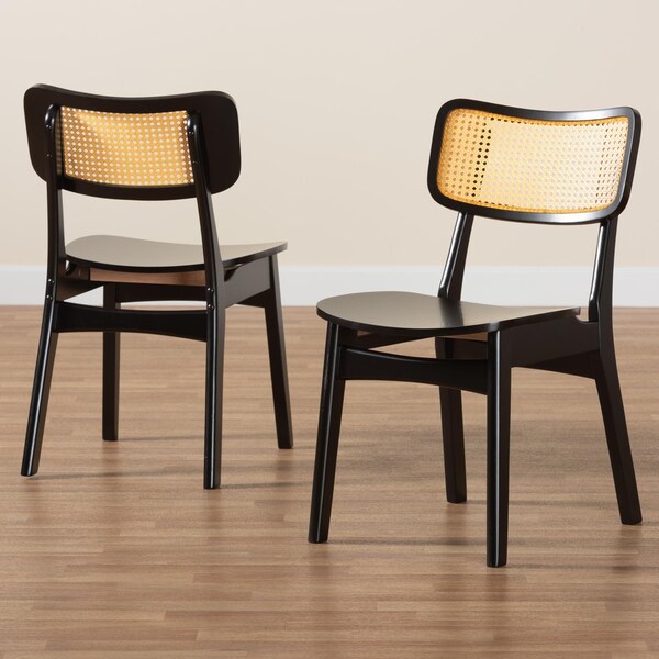 Baxton Studio Tafari Mid-Century Modern Dark Brown Finished Wood and Rattan 2-Piece Dining Chair Set, PR - 239-2PC-13413-ZORO