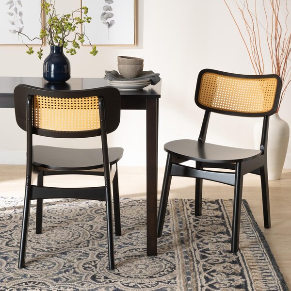 Baxton Studio Tafari Mid-Century Modern Dark Brown Finished Wood and Rattan 2-Piece Dining Chair Set, PR - 239-2PC-13413-ZORO