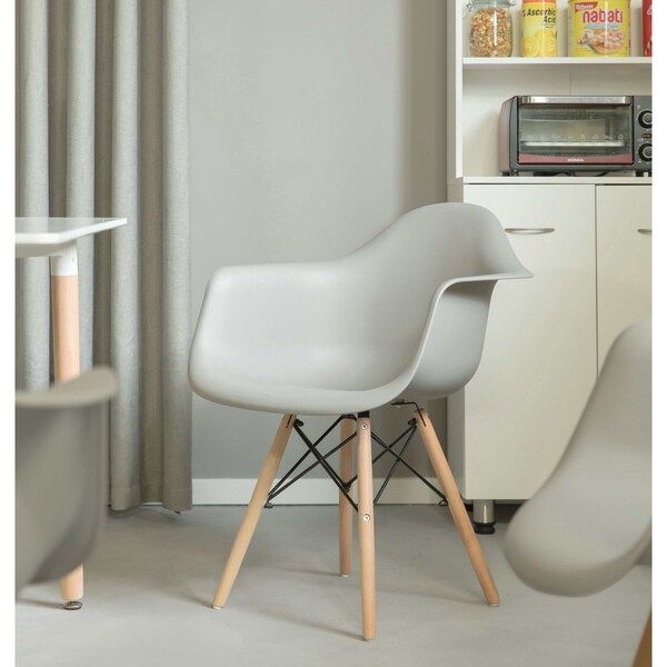 Fabulaxe Mid-Century Modern Style Plastic DAW Shell Dining Arm Chair with Wooden Dowel Eiffel Legs, Gray - QI003748.GY