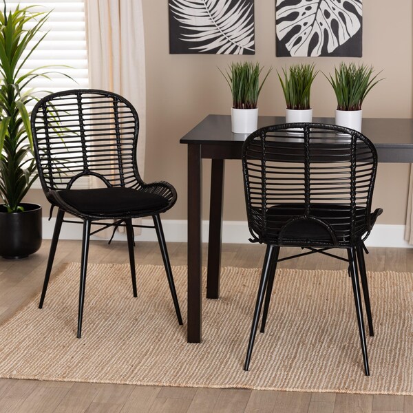 Baxton Studio Brenna Modern Bohemian Black Finished Rattan and Metal 2-Piece Dining Chair Set, PR - 231-2PC-12827-ZORO