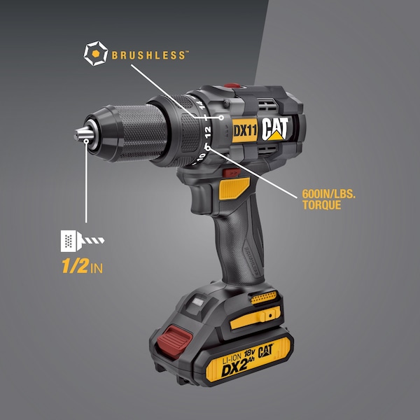 Caterpillar Cat 18V 1 FOR ALL 1/2 in. Cordless Drill/Driver with Brushless Motor and Two Batteries - DX11
