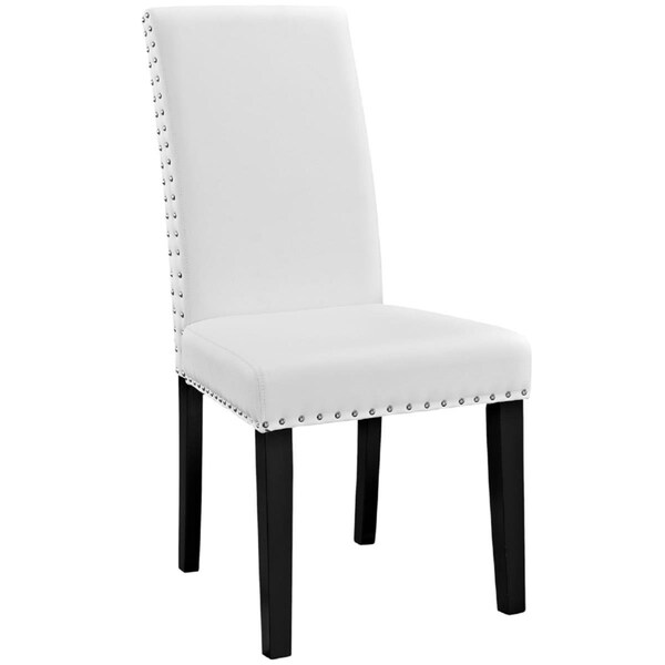 Primewir Parcel Dining Chair, White Leatherette with Nailhead Trim on Wood Legs - EEI-1491-WHI