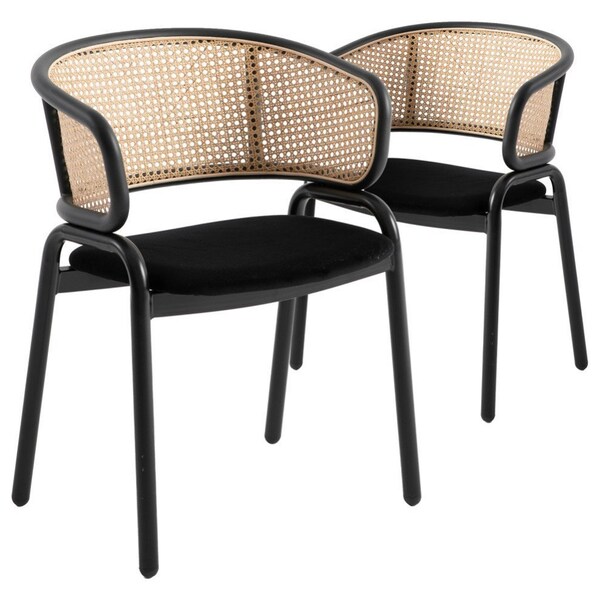 Leisuremod Ervilla Dining Chair with Stainless Steel Legs Velvet Seat and Wicker Back, Black, 2PK - EC20BL2