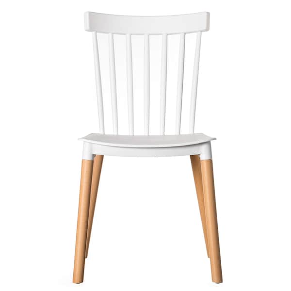 Fabulaxe Modern Plastic Dining Chair Windsor Design with Beech Wood Legs, White - QI004223.WT