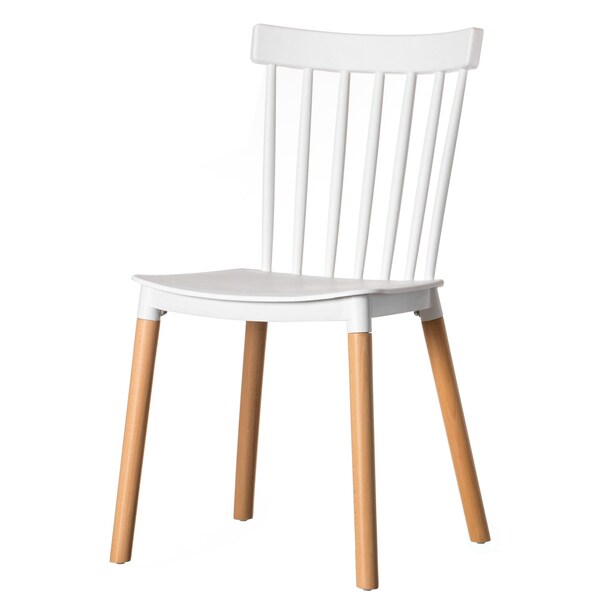 Fabulaxe Modern Plastic Dining Chair Windsor Design with Beech Wood Legs, White - QI004223.WT