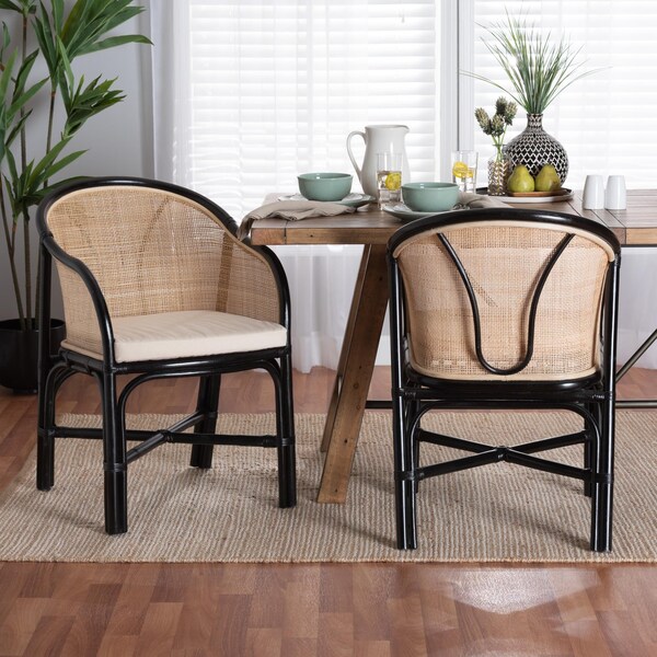 Baxton Studio Miranda Modern Bohemian Two-Tone Black and Natural Brown Rattan 2-Piece Dining Chair Set, PR - 233-2PC-13232-ZORO