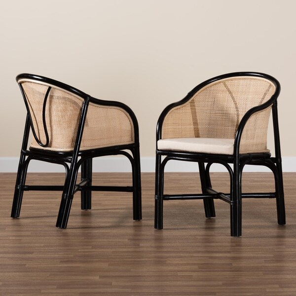 Baxton Studio Miranda Modern Bohemian Two-Tone Black and Natural Brown Rattan 2-Piece Dining Chair Set, PR - 233-2PC-13232-ZORO