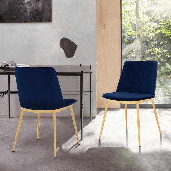 Armen Living Messina Modern Blue Velvet and Gold Metal Leg Dining Room Chairs - Set of 2 - LCMSSIGLBLU