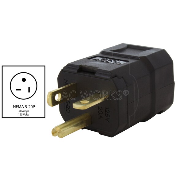Ac Works NEMA 5-20P 20A 125V Clamp Style Square Plug with UL, C-UL Approval in Black - ASQ520P-BK