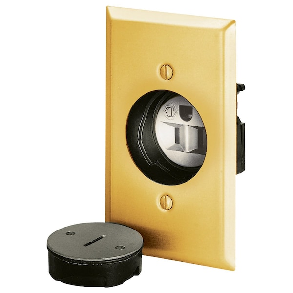 Bryant Straight Blade Device, Floor Mounted, Receptacle and Plate, 15A 125V, 5-15R, Smooth Brushed Brass - 3799G