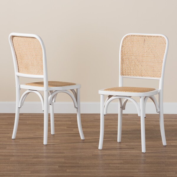 Baxton Studio Neah Japandi White Wood and Natural Rattan 2-Piece Dining Chair Set, PR - 227-2PC-13247-ZORO
