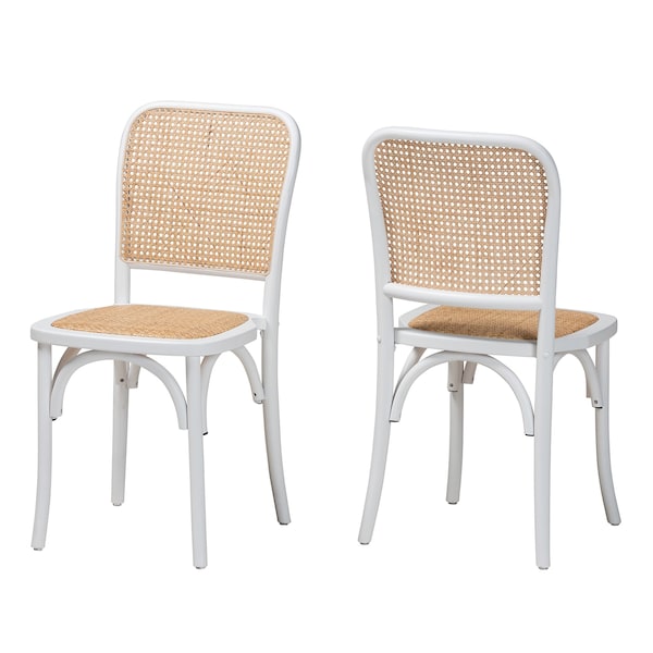 Baxton Studio Neah Japandi White Wood and Natural Rattan 2-Piece Dining Chair Set, PR - 227-2PC-13247-ZORO