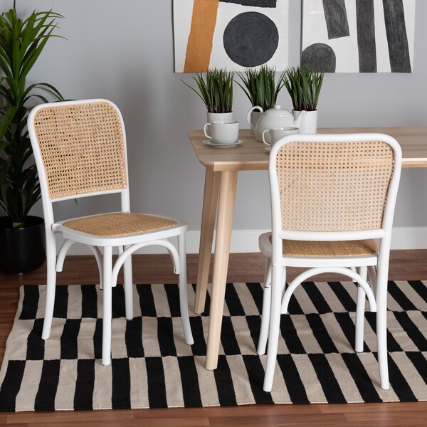 Baxton Studio Neah Japandi White Wood and Natural Rattan 2-Piece Dining Chair Set, PR - 227-2PC-13247-ZORO