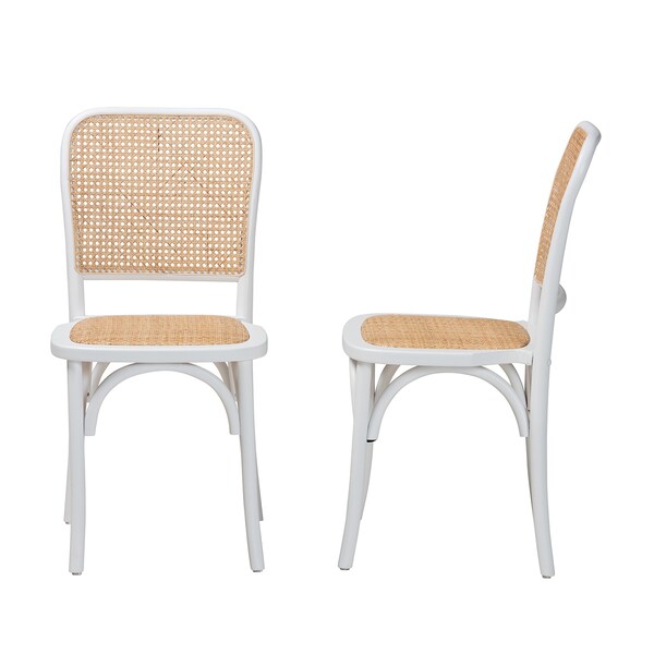 Baxton Studio Neah Japandi White Wood and Natural Rattan 2-Piece Dining Chair Set, PR - 227-2PC-13247-ZORO