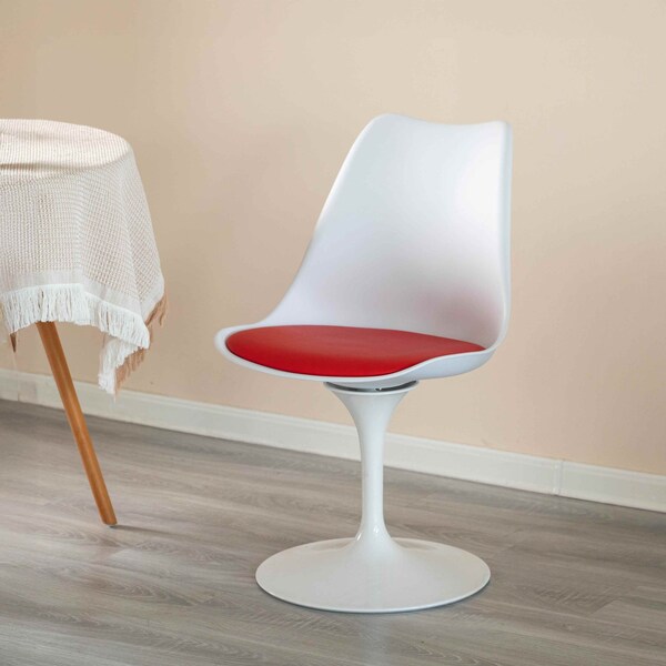 Fabulaxe Mid-Century Modern White Tulip Side Chair with Red Cushioned Seat - Stylish and - QI004628.RD
