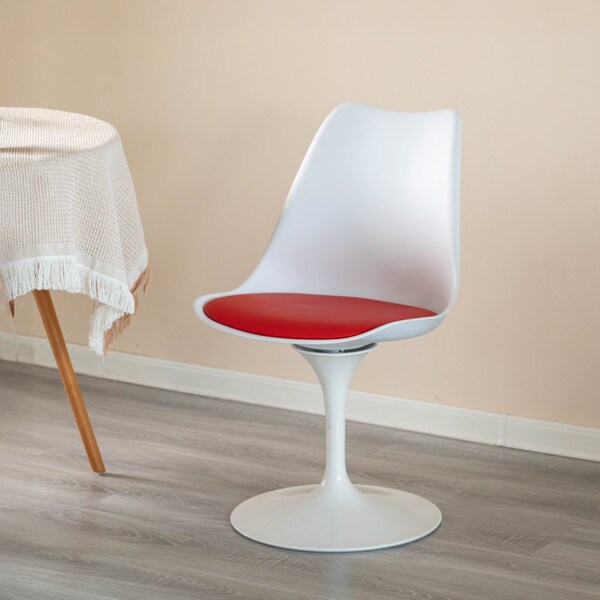 Fabulaxe Mid-Century Modern White Tulip Side Chair with Red Cushioned Seat - Stylish and - QI004628.RD