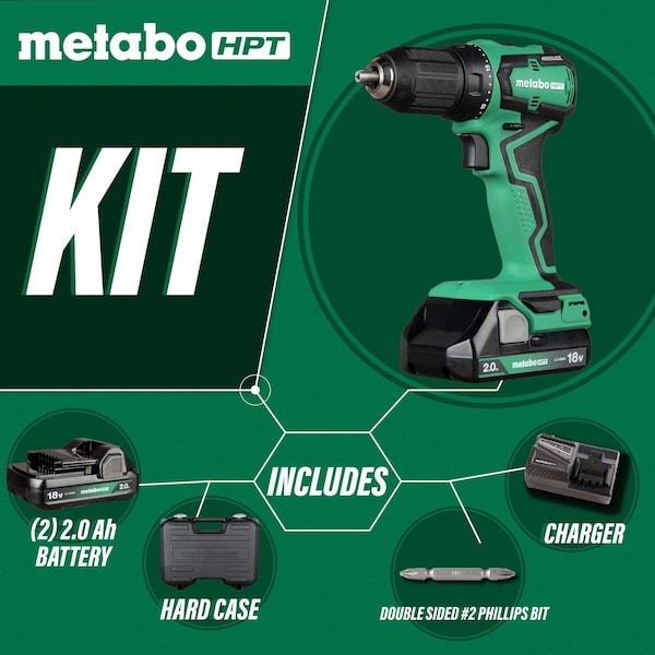 Metabo Hpt 18V MV Cordless Brushless Sub-Compact Driver Drill Kit 2 x 2.0AH - DS18DDXSM