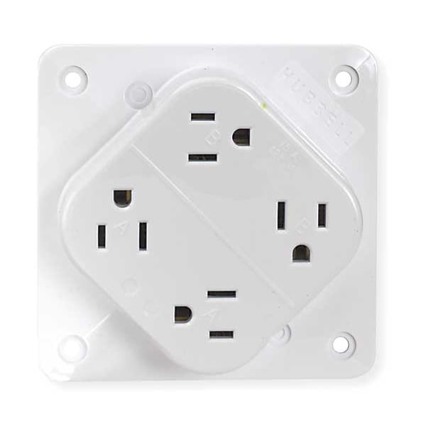 Hubbell Receptacle, 15 A Amps, 125V AC, Surface Mount, Quad Outlet, 5-15R, White - HBL415W