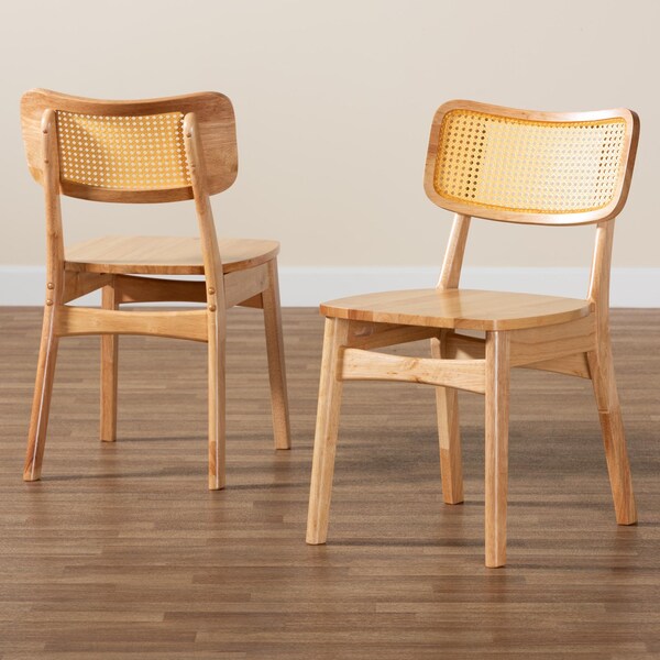 Baxton Studio Tadeo Mid-Century Modern Oak Brown Finished Wood and Rattan 2-Piece Dining Chair Set, PR - 239-2PC-13415-ZORO