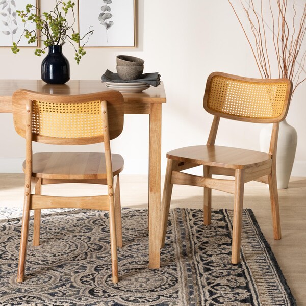 Baxton Studio Tadeo Mid-Century Modern Oak Brown Finished Wood and Rattan 2-Piece Dining Chair Set, PR - 239-2PC-13415-ZORO