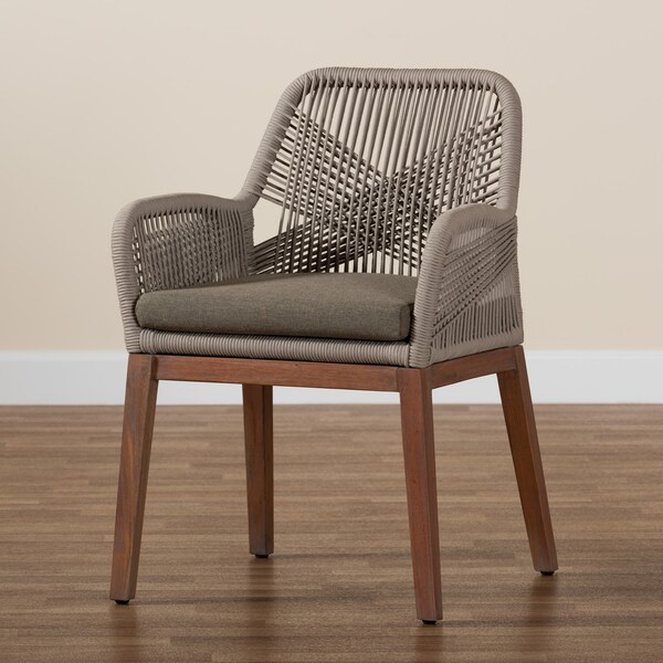 Baxton Studio Jennifer MidCentury Transitional Grey Woven Rope Mahogany Dining Arm Chair - 212-12807-ZORO