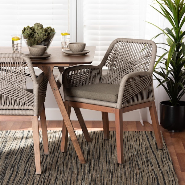 Baxton Studio Jennifer MidCentury Transitional Grey Woven Rope Mahogany Dining Arm Chair - 212-12807-ZORO