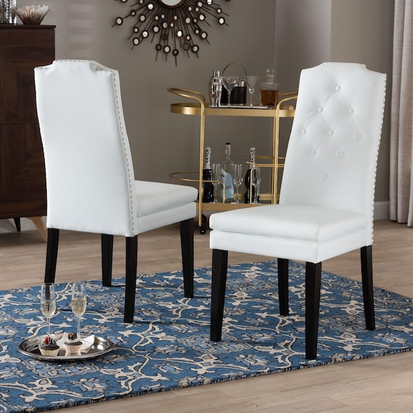Baxton Studio White Faux Leather Button-Tufted Nail heads Trim Dining Chair, PR - 120-6601