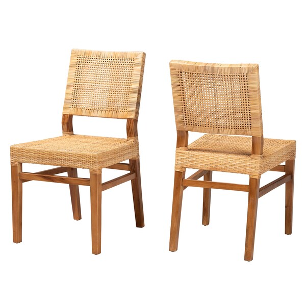 Baxton Studio Lesia Modern Bohemian Natural Brown Rattan and Walnut Brown Mahogany Wood 2Piece Dining Chair Set, PR - 211-2PC-12763-ZORO