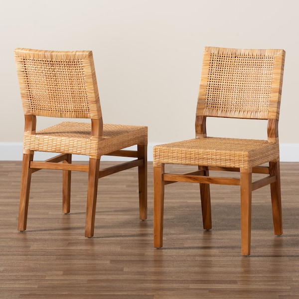 Baxton Studio Lesia Modern Bohemian Natural Brown Rattan and Walnut Brown Mahogany Wood 2Piece Dining Chair Set, PR - 211-2PC-12763-ZORO