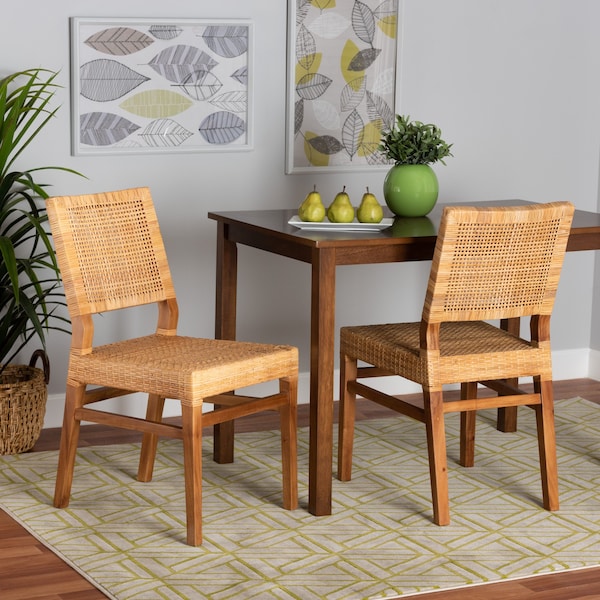 Baxton Studio Lesia Modern Bohemian Natural Brown Rattan and Walnut Brown Mahogany Wood 2Piece Dining Chair Set, PR - 211-2PC-12763-ZORO