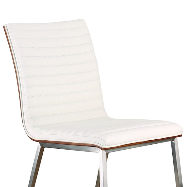 Armen Living Cafe Brushed Stainless Steel Dining Chair in White Faux Leather with Walnut Back - Set of 2 - LCCACHWHB201