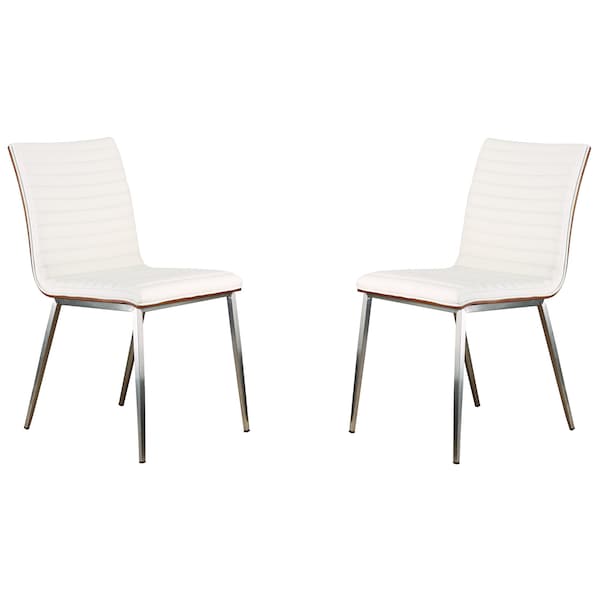 Armen Living Cafe Brushed Stainless Steel Dining Chair in White Faux Leather with Walnut Back - Set of 2 - LCCACHWHB201